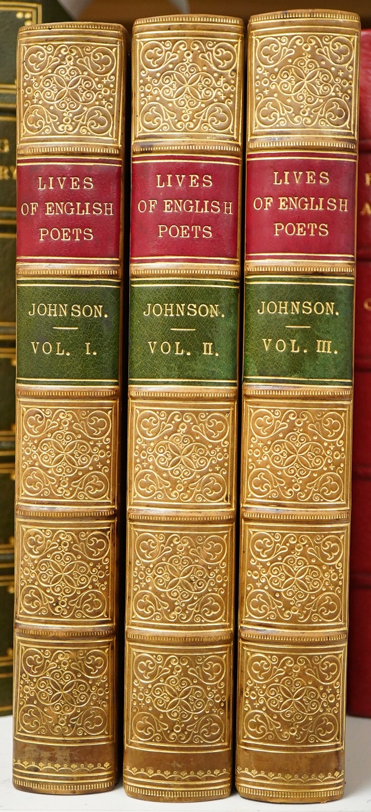 Johnson, Samuel - Lives of the Most Eminent English Poets, with critical observations on their works. With notes corrective and explanatory, by Peter Cunningham. 3 vols. earlier 20th cent. gilt ruled calf, gilt decorated